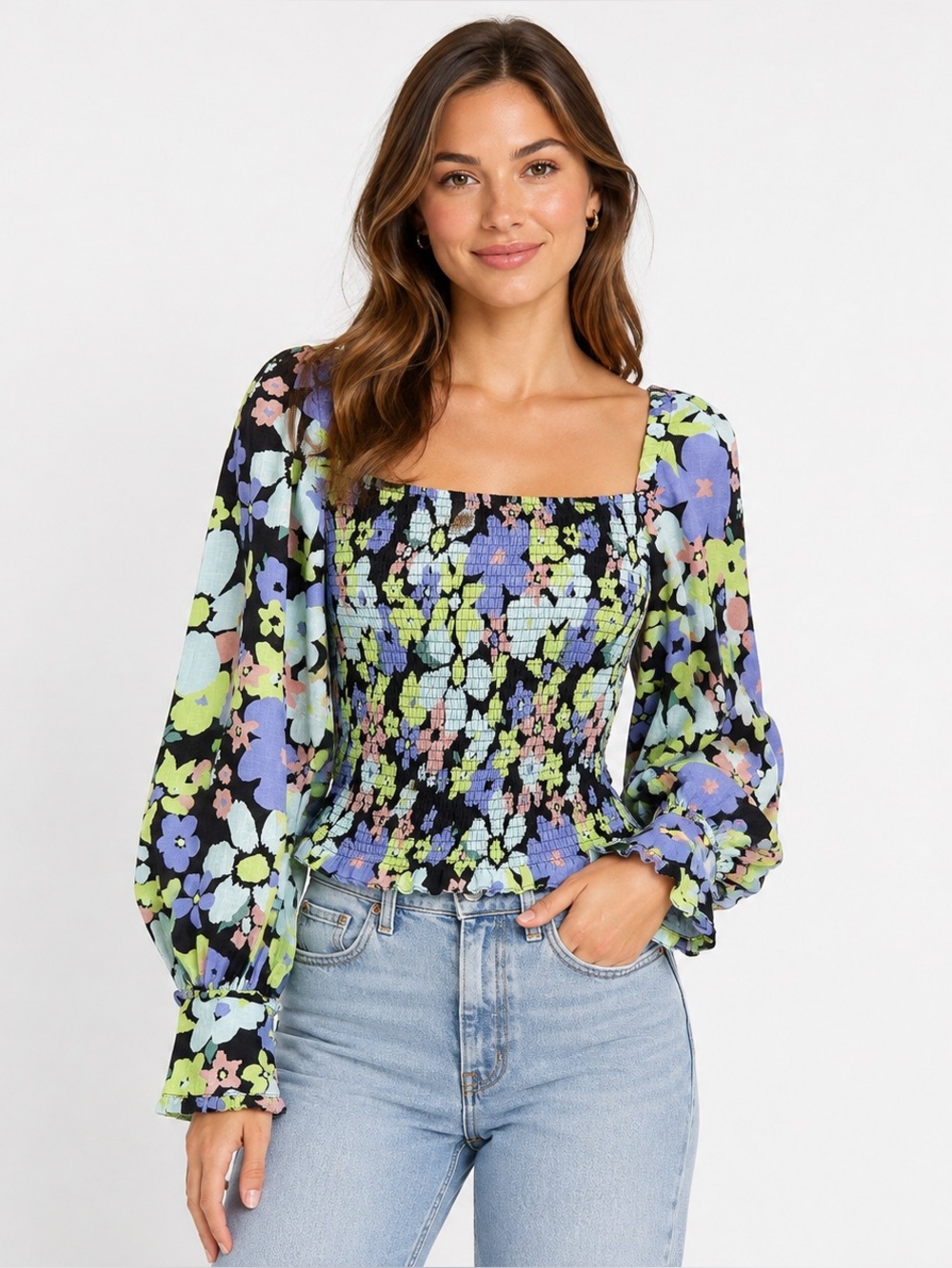 Free People XS Floral Smocked Square Neck Long Sleeve Peplum Blouse Top Bohemian